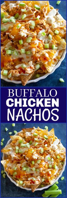 buffalo chicken nachos with cheese and green onions