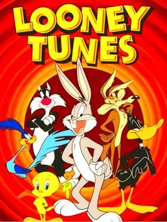 the looney tunes movie poster with bugs and other cartoon characters in front of an orange background