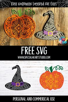 three halloween svg cut files with pumpkins, witches hat and spider web on them