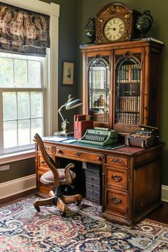 an old fashioned desk in front of a window