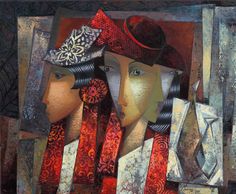 two women with hats and scarves are looking at each other in an abstract painting