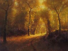 an oil painting of trees in the woods