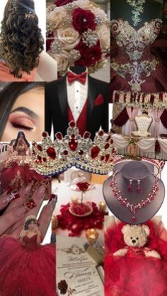 a collage of photos with red and white accessories, including a teddy bear wearing a tiara