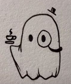 a drawing of a ghost with a cup of coffee in his hand and a top hat on its head