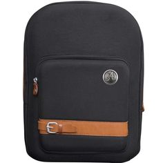 a black backpack with brown straps and a logo on the front, sitting against a white background