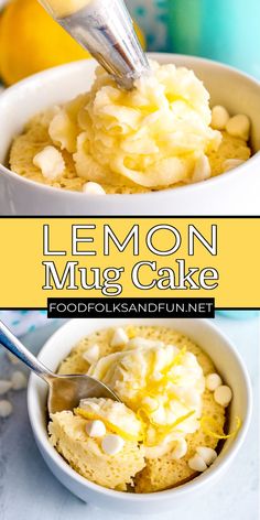 lemon mug cake in a white bowl with a spoon on top and the words lemon mug cake above it