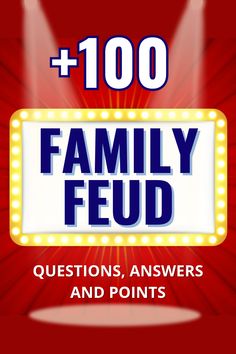 the words family fud are lit up in front of a red background with spotlights