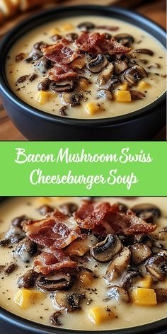 Mushroom Cheeseburger, Soup Bacon, Mushroom And Swiss, Mini Burger Buns, Bacon Soup Recipes, Bacon Mushroom, Bacon Cheeseburger Soup, Cheese Burger Soup Recipes, Soup With Ground Beef