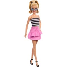 a barbie doll wearing a pink skirt and striped tank top with glasses on her head