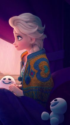 the frozen queen is sitting in her bed with two white balls around her and looking at something