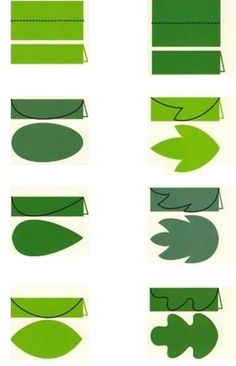 green leaves cut out and placed on top of each other in different shapes, sizes and colors