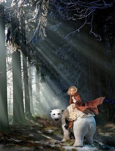 a woman riding on the back of a white polar bear in a forest with sunbeams