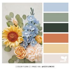 a vase filled with lots of flowers next to a color swatch in shades of blue and yellow