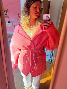 Oversized wool jacket with bias binding and pockets. Pink Oversized Outerwear For Daywear, Oversized Bohemian Pink Outerwear, Pink Oversized Long Sleeve Outerwear, Oversized Pink Hand Knitted Outerwear, Oversized Pink Single-breasted Outerwear, Bias Binding, Womens Jackets, Pink Jacket, Wool Jacket