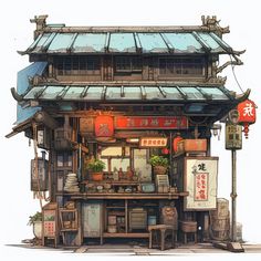 AI・屋台風の飲食店 Store Illustration, Japanese Garden Landscape, Japanese Shop, Building Sketch, Building Photography, Creation Art, Building Concept