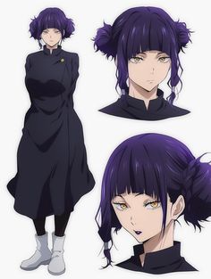 three different views of an anime character with purple hair and blue eyes, wearing black clothes