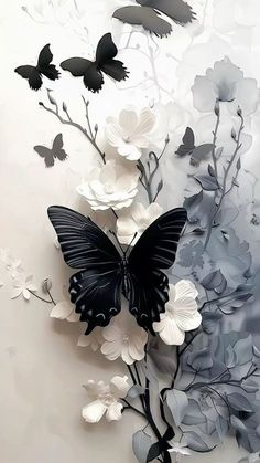 some black and white butterflies are flying over the flowers on this wall paper art project