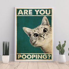 a poster with an image of a cat that says, are you pooping?