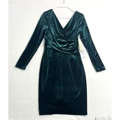 ** Please See Photos For Approximate Measurements ** Eliza J Velvet Dress Emerald Green Faux Wrap Sheath Long Sleeve Knee Length Women's Size 8 New With Tags With No Flaws Noted Thanks For Shopping! Green Long-sleeved Velvet Dress, Dress Emerald Green, Eliza Dress, Eliza J Dresses, Green Long Sleeve, Eliza J, Velvet Dress, Emerald Green, New Color