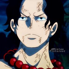 an anime character with black hair and blue eyes wearing a red beaded necklace, staring at the camera