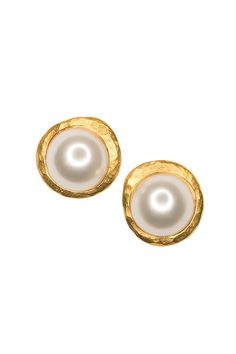 This modern twist on the pearl earring takes the classic look to the next level. These pearl button earrings set in hammered satin gold can make any old outfit look new again.   1 1/4 Diameter Clear Crystal Bracelet, Bling Bags, Old Outfits, Pearl Earring, Button Earrings, Outfit Look, Pearl Pendant Necklace, The Pearl, Earring Sale