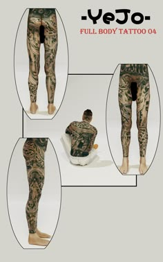 the full body tattoo leggings are shown in four different positions, including one with tattoos on it