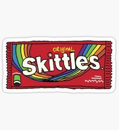 the original skittles sticker is red and white with rainbow stripes on it