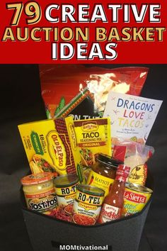 Taco-themed auction basket featuring taco shells, seasoning mix, salsa, and a 'Dragons Love Tacos' book, ideal for fundraising raffles and silent auctions. Creative Auction Basket Ideas, Charity Baskets Ideas, Fun Auction Basket Ideas, Fun Auction Baskets, Diy Family Game Night Gift Basket, Raffle Prize Basket Ideas, Gift Basket For Auction Ideas, Automotive Gift Basket Ideas, How To Do A Silent Auction