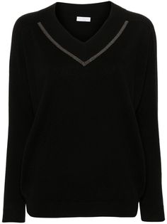 black cashmere knitted construction V-neck signature Monili chain detail drop shoulder long sleeves ribbed cuffs and hem Black Cashmere Sweater, Sweaters Black, Cashmere Jumper, Womens Cashmere, Cashmere Sweater, Brunello Cucinelli, Cashmere Sweaters, Vneck Sweater, Black Sweaters