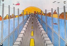 a drawing of a road going over a bridge