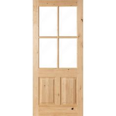 a wooden door with glass panels on the top and bottom panel, against a white background