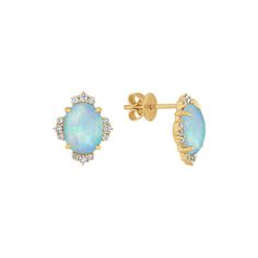 These beautiful earrings feature two of the highest quality natural Ethiopian natural opals. These lovely earrings are secured with friction backs make the perfect complement to any outfit. Each oval natural opal is set into quality 14 karat yellow gold and measures approximately 9mm in length. The natural opals are accented by twenty-four round natural diamonds  at approximately .20 carat total weight. natural opal should be cleaned gently with mild detergent in warm water and a soft toothbrush Blue Opal Earrings, Soft Toothbrush, Ruby Jewelry, Opal Earrings, Lovely Earrings, Sapphire Jewelry, Natural Opal, Oval Diamond, Blue Opal