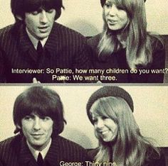 two people sitting next to each other in front of a wall with the caption george and pattie