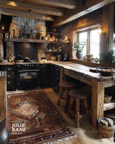 a rustic kitchen with an antique rug and wooden cabinets, along with wood flooring