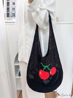 BirdinBag - Chic Cherry Hollow Out Knitted Tote Bag - Elegant Ladies Holiday Fashion Accessory Knitted Tote Bag, Cherry Pattern, Knitting Tote Bag, Knitting Tote, Bag Minimalist, Vacation Bag, Inch Bag, Hollow Design, Word Wrap