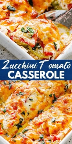 the casserole is topped with cheese and spinach