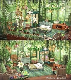 two pictures of a bedroom with green curtains and plants on the windowsills,