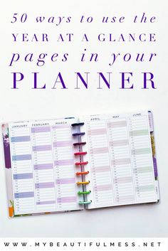 a planner with the title 50 ways to use the year at glance pages in your planner