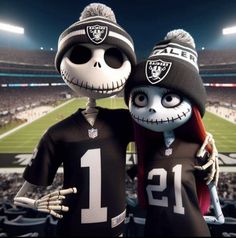 two cartoon characters dressed in black and white football uniforms at a stadium with fans watching from the stands