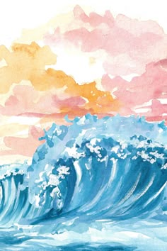 watercolor painting of an ocean wave at sunset