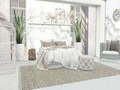 a bedroom with white furniture and plants in the window sill, along with a rug on the floor