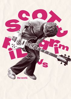 a man is playing an electric guitar on the cover of scott pilgrim's album, the world