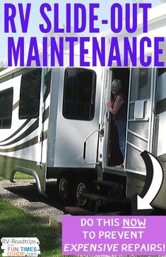 the rv slide - out maintenance manual is shown in purple and white text, with an image of a man standing inside