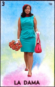 a woman in a blue dress holding two bags and a red handbag, with the caption la dama