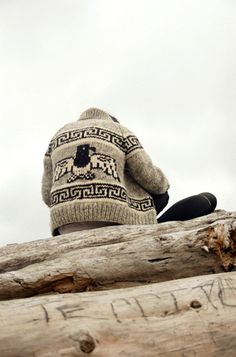 a man sitting on top of a tree log wearing a sweater and hat with writing on it