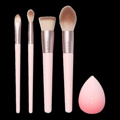 Complexion Essentials Brush Set - UBC COMPLEXION ESSENTIALS BRUSH SETBenefitsIncludes 4 essential face makeup brushes for versatile makeup applicationIncludes a Blender Sponge for seamless blending, contouring or bakingPrecision Concealer Brush: for spot-on smoothing coverageBuffing Foundation Brush: for even blending and buildingPrecision Powder Brush: to set your look for a flawless finishPrecision Highlighter Brush: for a seamless glowBrushes made from premium synthetic hair for a high-perfor Preppy Makeup Brushes, Nutcracker Makeup, Cute Makeup Brushes, Pink Makeup Brushes, Art Deco Makeup, Quick Makeup Routine, Sustained Investigation, Red Carpet Makeup, Blender Sponge