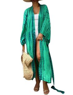 PRICES MAY VARY. One-size beach bathing suit cover up with a long design, flowy casual oversized loose fitting. Length: 52" Shoulder: 28.7" Sleeve Length: 11" This open-front kimono cardigan features roomy sleeves, bohemian style, and irregular tie-dye striped printing that's chic and stylish. This kimono cover up is made of soft and comfortable fabric, lightweight, breathable, and easy to put on and take off, making it the perfect sunscreen. Be used as a casual cover up, over a simple undershir Cheap Long Casual Cover-up, Striped Casual Dresses, Polished Casual, Beach Coverup Dress, Green Swimsuit, Chic Skirts, Cool Summer Outfits, Chic Pattern, Casual Day Dresses