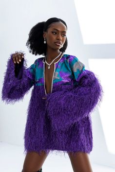 Kazin Purple Long Sleeve Tunic Feather Dress with Rhinestone Street Style Women Chic, Turquoise Clothes, Teal Outfits, Women Romper, African Print Maxi Skirt, Colorful Cocktails, Purple Jeans, Feminine Details, Purple Long Sleeve