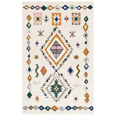 a white rug with colorful geometric designs on it