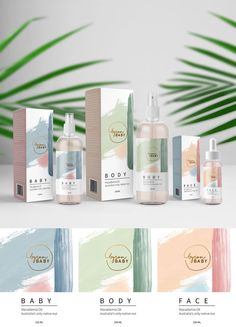 the body care products are displayed in front of palm leaves and box packaging designs for each product